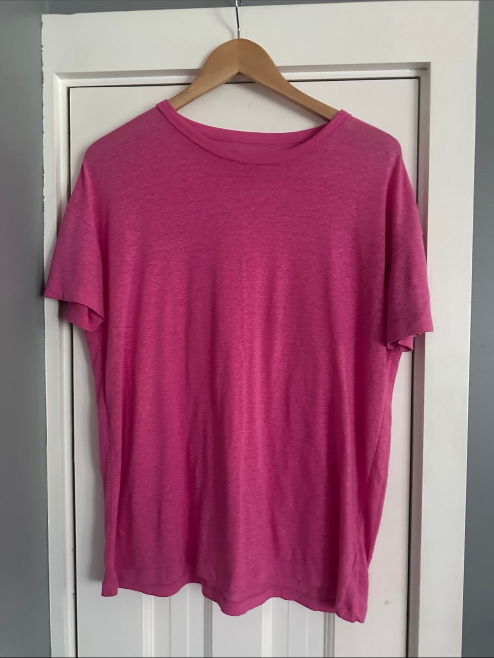 Aerie Linen Blend Distressed Oversized Boyfriend Tee Fuchsia Pink Small